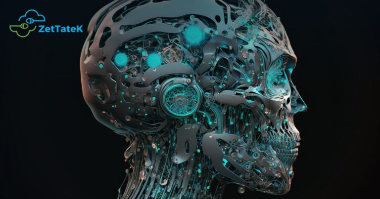Cabeza robótica con circuitos y luces turquesa, que representa un agente de inteligencia artificial que decide y actúa