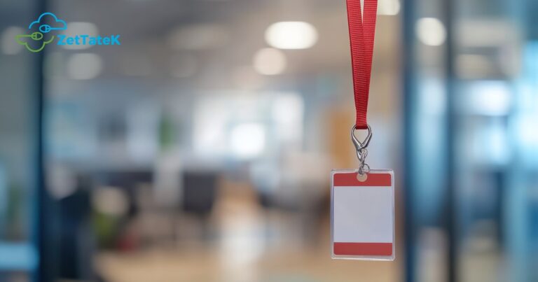 Credencial de acceso en blanco colgando de un cordon rojo en una oficina moderna