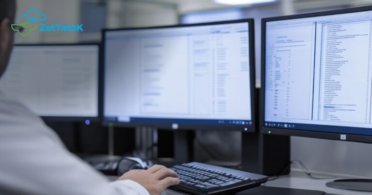 Analista sentado ante tres monitores revisando filas de registros en una oficina